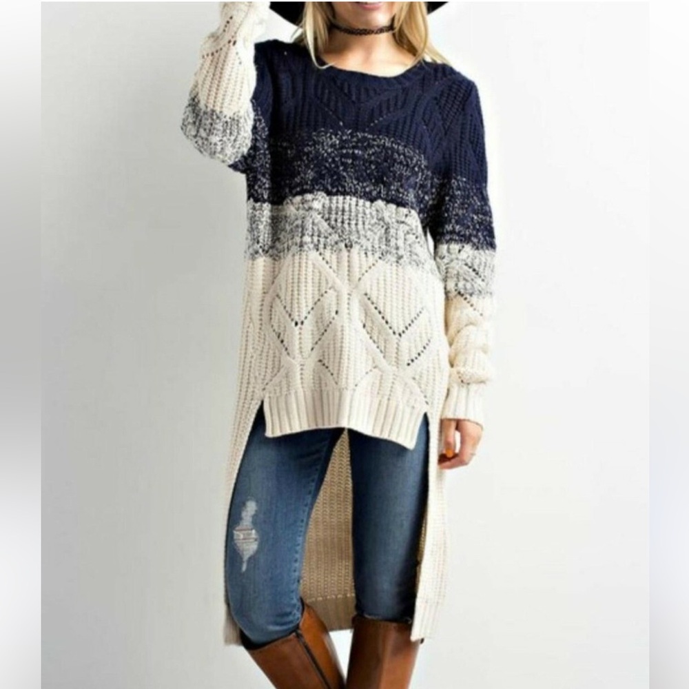 Jodifl Cream and Navy Knit High‎ Low Striped Sweater Size M
